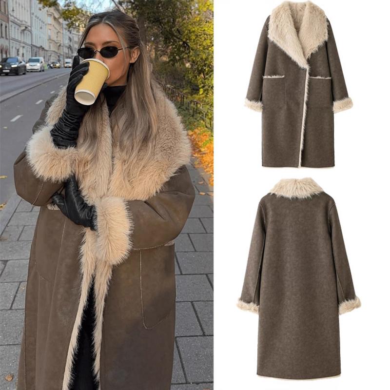 Designer Women Reversible Double-Sided Long Coat Faux Fur Winter Streetwear Brown Lapel Long Sleeve Outerwear