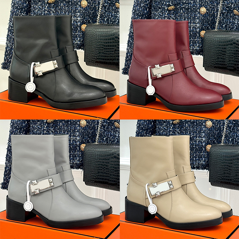 Womens Calfskin Ni ki Ankle Boots Designers Palladium Plated Buckle Ladies Short Boots Luxury Round Toe Chunky Heel Booties Lambskin Lining Leather
