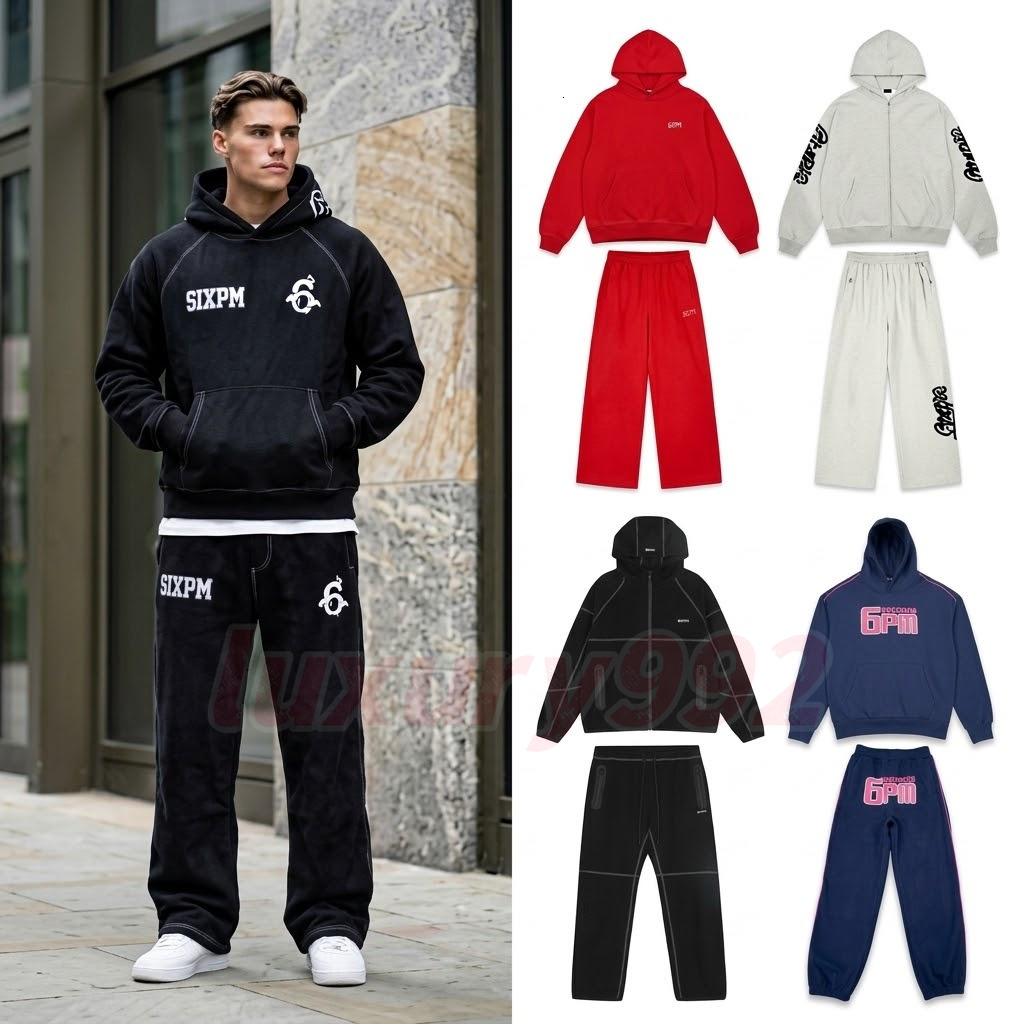 Designer Sixpm 6 Embroidery Hoodie Hip Hop Drill Streetwear Contrast Stitching Hooded Sweatshirt Casual Pullover Tops Pants
