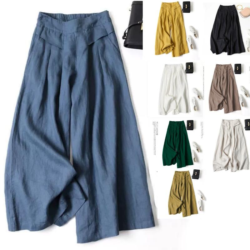 Pantalon de styliste en coton et lin pour femmes, jupe à jambes larges, taille haute, ample, Vintage, décontracté, avec poches