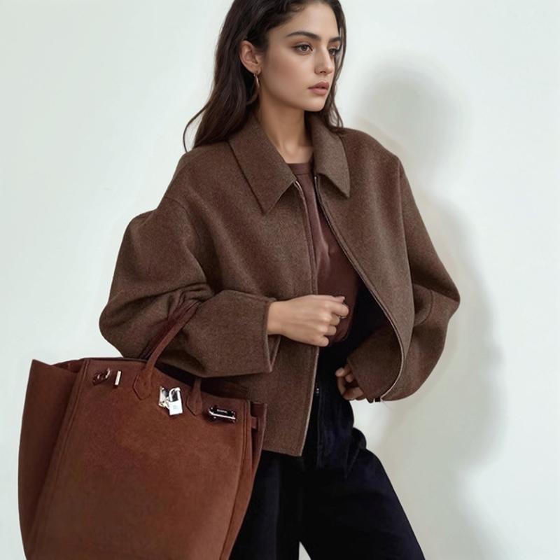 Veste de styliste pour femmes, automne-hiver, revers, manches longues, fermeture éclair, décontractée, ample, couleur unie, manteau d'extérieur p