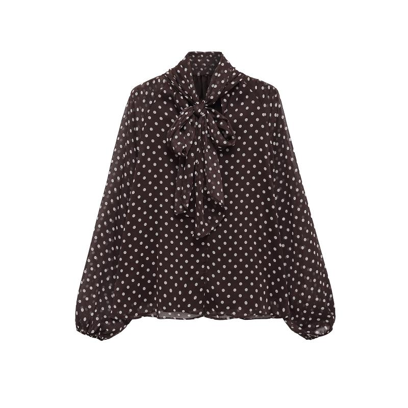 Femmes Designer À Pois À Manches Longues Chemisier Lâche Cravate Cou Manches Bouffantes Chemise Printemps Eté Streetwear Haut