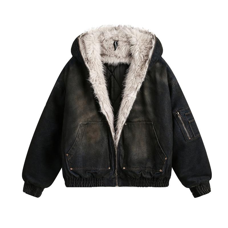 Designer High Quality Men's Washed Denim Cotton Padded Hooded Jacket Winter Fleece Lined Streetwear Loose Fit Solid Blue Coat