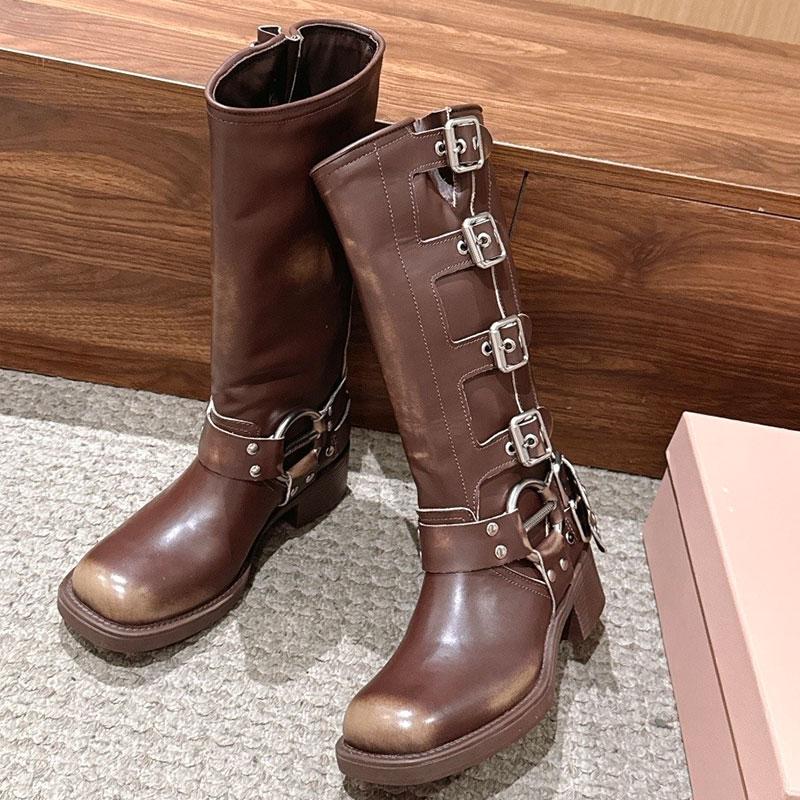 Leather boots designer autumn new knee high boots luxury womens retro boots anti slip wear rubber outsole boots Upper with buckles logo enhanced har