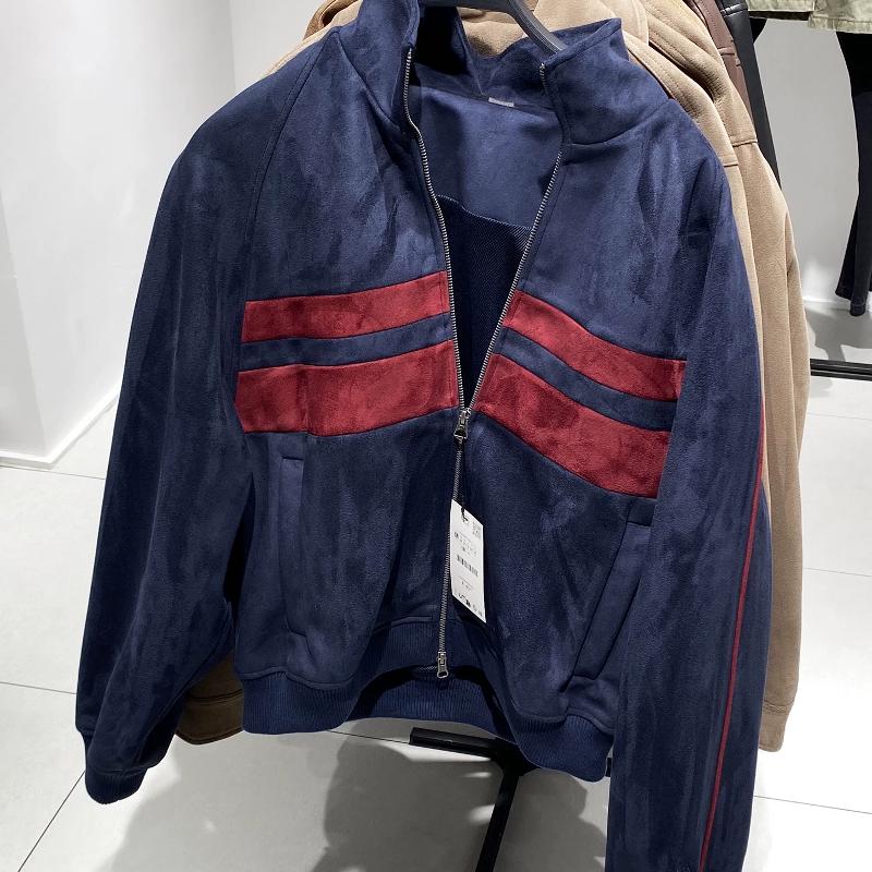 Veste décontractée à col montant pour hommes, bloc de couleurs, aspect daim, poches courtes zippées, automne-hiver, vêtements d'extérieur quotidi