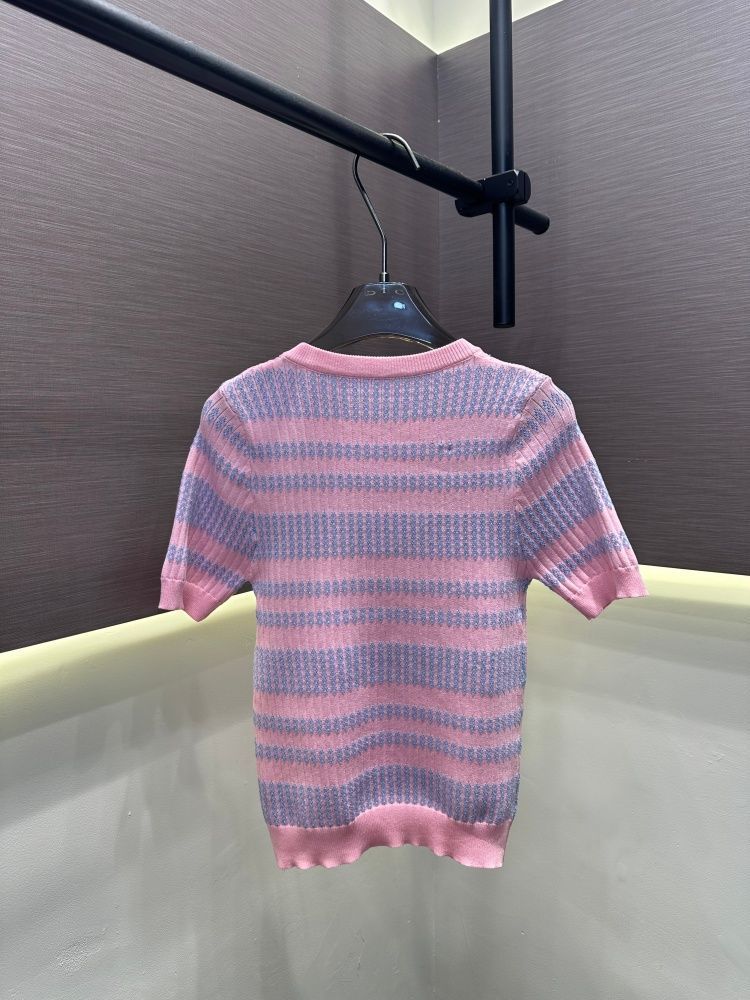 Women's short sleeve purple pink stripe logo leetter rhinestone appliqued designer knits tees SML
