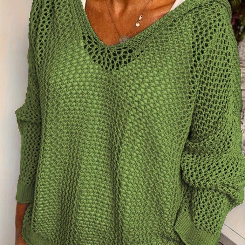 Haut tricoté en maille creuse pour femmes, coupe décontractée, col en V profond, épaules tombantes, manches longues, pull en tricot transparent a