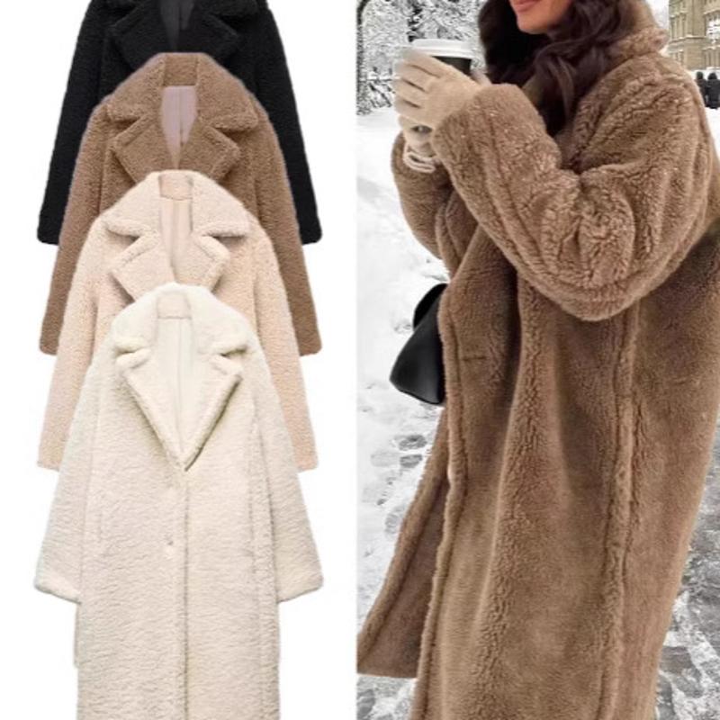 Women's Designer Winter Warm Double-breasted Long Fleece Coat, Loose Lapel Long-sleeve Solid Color Casual Commuter Outerwear