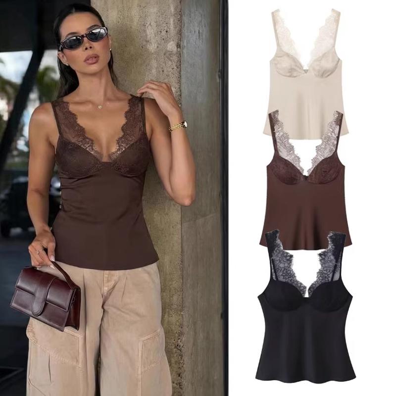 Débardeur sans manches en Satin et dentelle pour femmes, couleur unie, court, Style de rue, pour l'automne et l'hiver