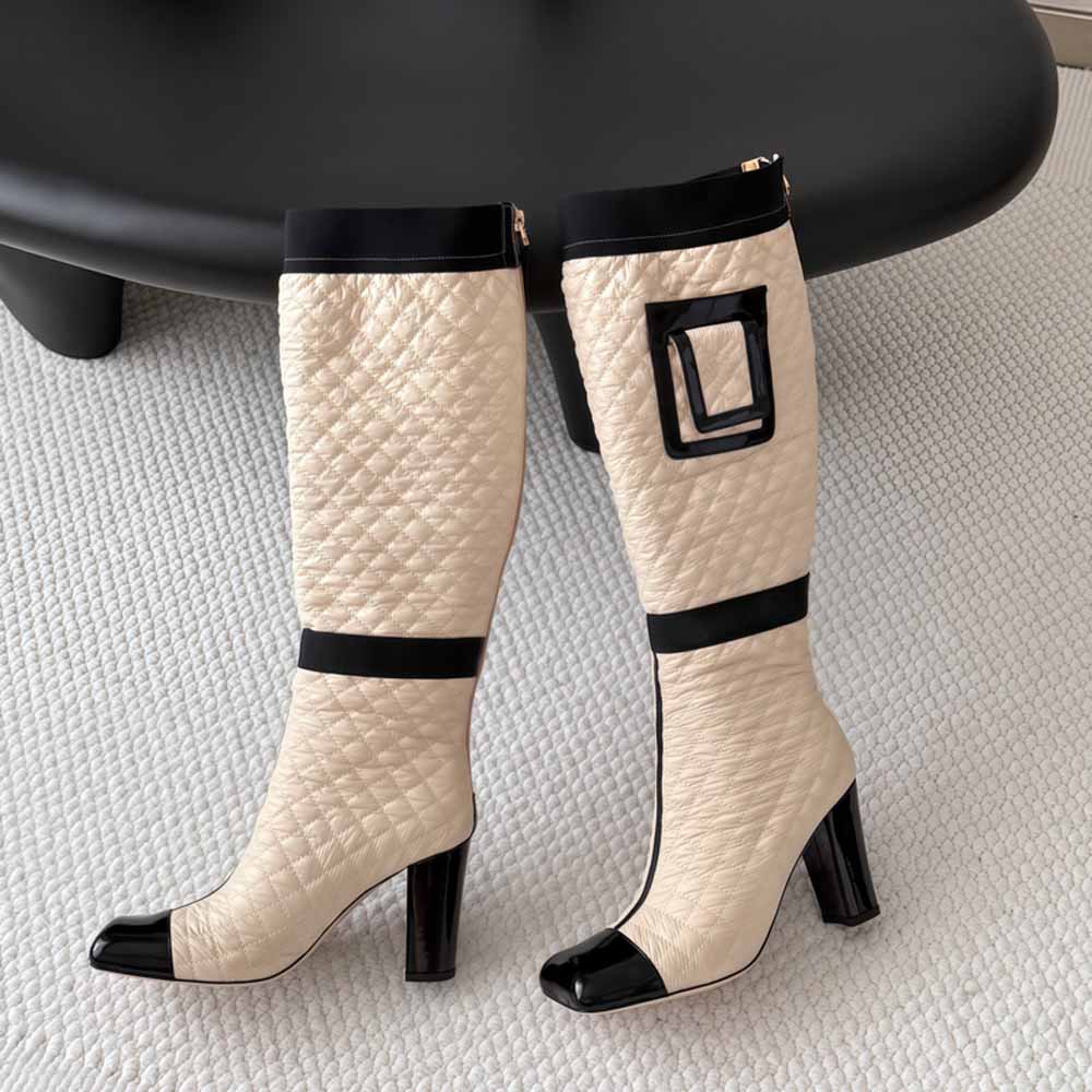 new Luxury designer Knee Boots Winter Women Lattice Eiderdown cloth Padded Knee High Boots Square Toe Block Heel Back Zipper Warm Fashion Long Boots