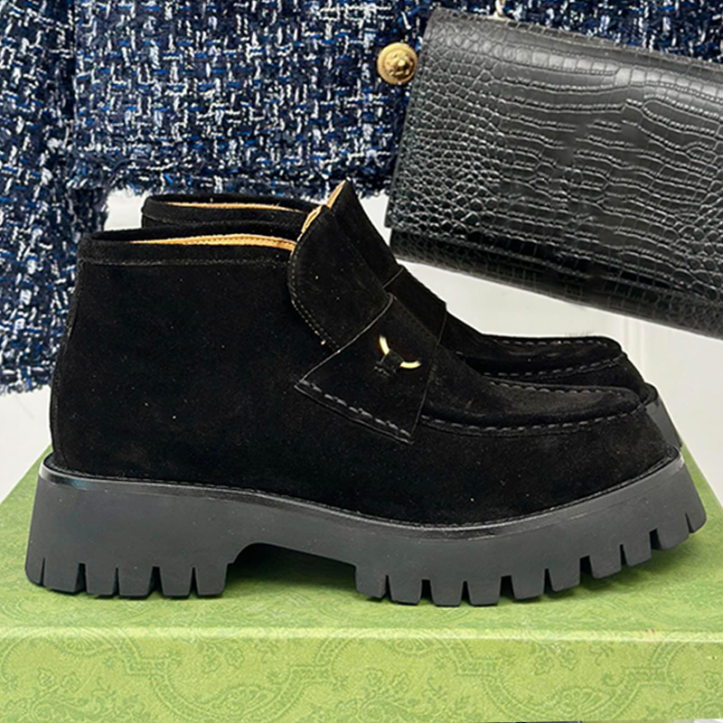 Womens Horsebit Ankle Boots Designer Black Suede Light Gold Toned Hardware Ladies Booties Luxury Slim Silhouette Round Toe Flat Short Boots Rubber S