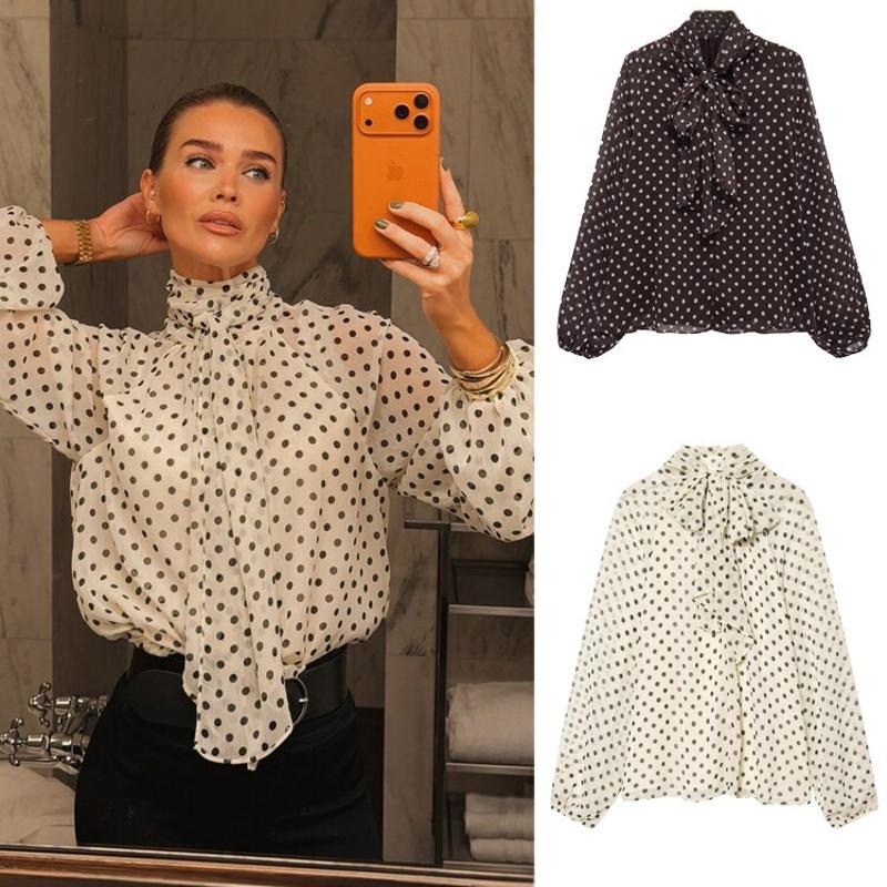 Femmes Designer À Pois À Manches Longues Chemisier Lâche Cravate Cou Manches Bouffantes Chemise Printemps Eté Décontracté Streetwear Haut