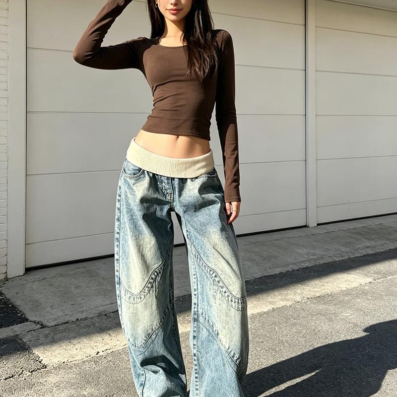 Designer Women's High Street American Style Spliced Ribbed Elastic Waist Loose Wide Leg Jeans Vintage Denim Pants
