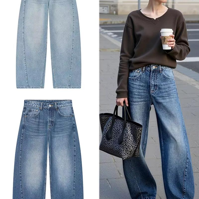Women's Designer Autumn High-Waisted Loose Wide-Leg Jeans, Double-Breasted Street-Style Denim Trousers, Non-Stretch Casual Pants