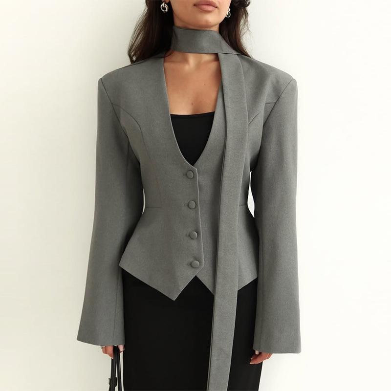 Designer Women's Solid V-Neck Long Sleeve Blazer Jacket Single-Breasted Slim Fit Casual Fall Office Outerwear