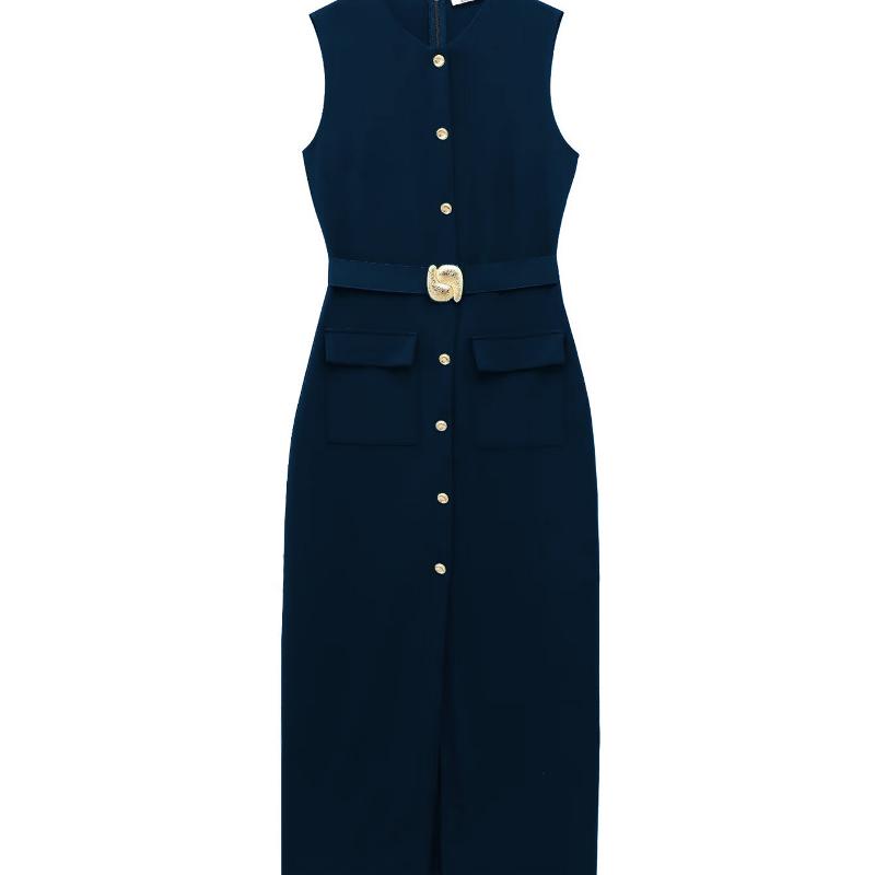 Robe mi-longue sans manches pour femmes, col rond, taille haute, ceinture, fête, Club, décontractée, couleur unie, ourlet irrégulier, printemps