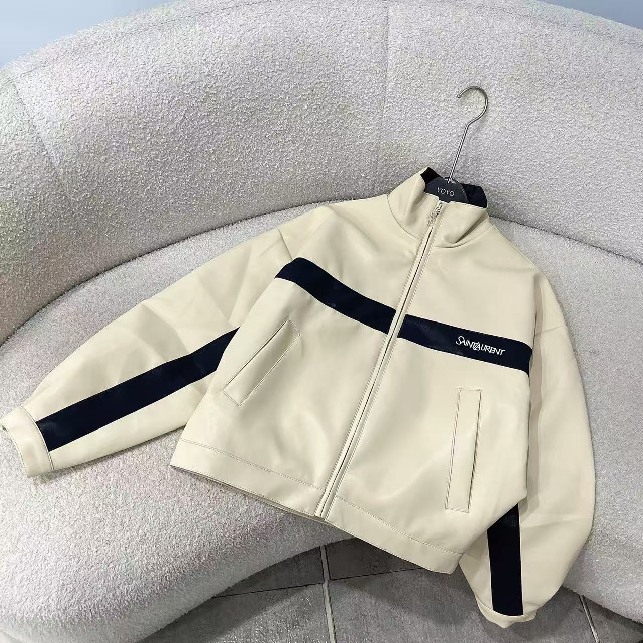 Luxury Womens Cream Leather Moto Jacket Contrast Navy Stripe Stand Collar Biker Outerwear (Size S M L XL)