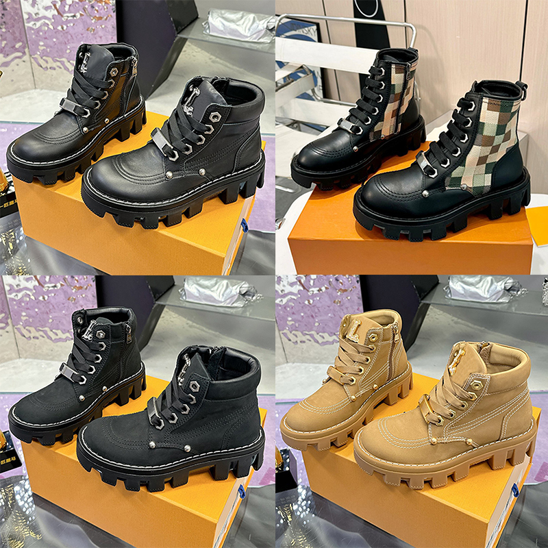 Designers Checker Ankle Boots Mens Womens Smooth Calf Leather Lace Up Side Zipper Short Boots Luxury Round Toes Chunky Sole Workwear Thick Soled Boo
