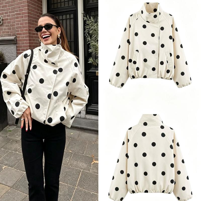 Blouson aviateur de styliste à pois pour femmes, manteau ample décontracté à manches longues et col montant pour le printemps et l'automne, blanc