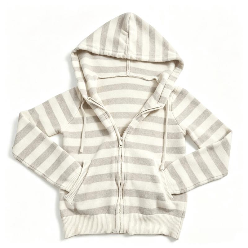 Cardigan tricoté rayé à capuche avec cordon de serrage pour femmes, conception à fermeture éclair complète, manches longues, bord côtelé, poche l