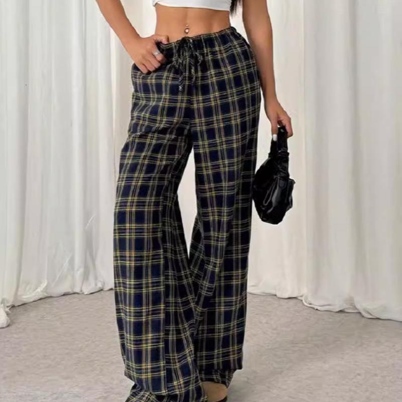 Pantalon à carreaux à jambes larges pour femmes, taille haute décontractée, Long avec poches, extensible, vêtements de printemps, d'automne et d'