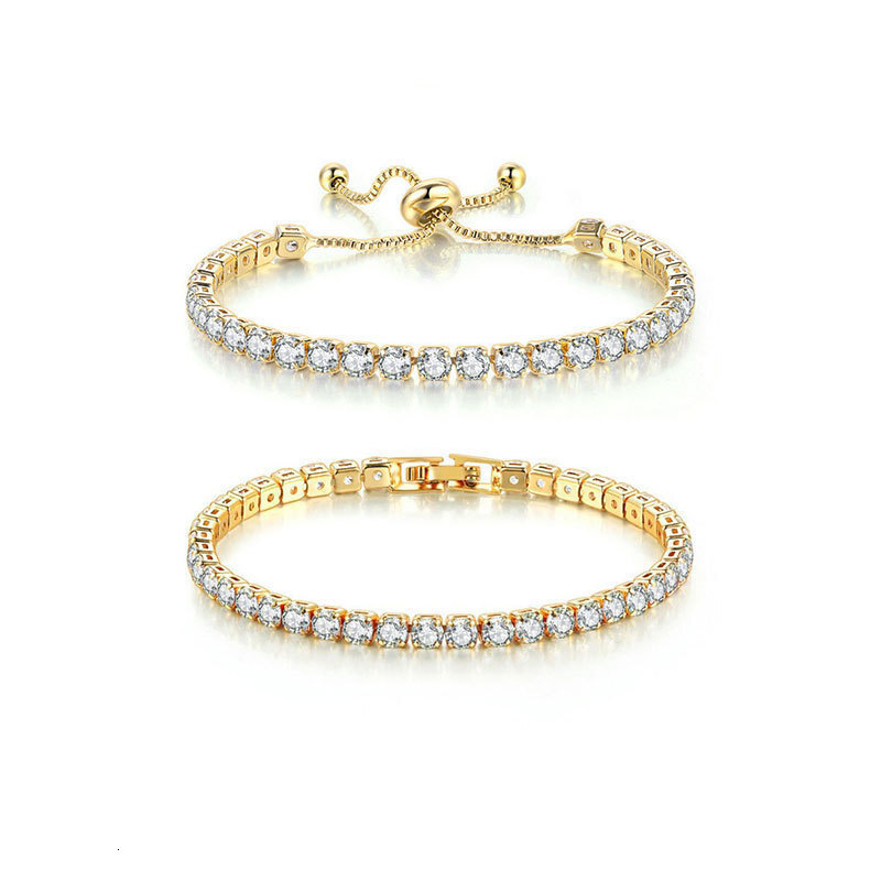 Copper-Plated 4Mm European And American Style Adjustable Bracelet Set, Wholesale, Featuring Cubic Zirconia, 17Cm, Genuine Gold, For Cross-Border Sal