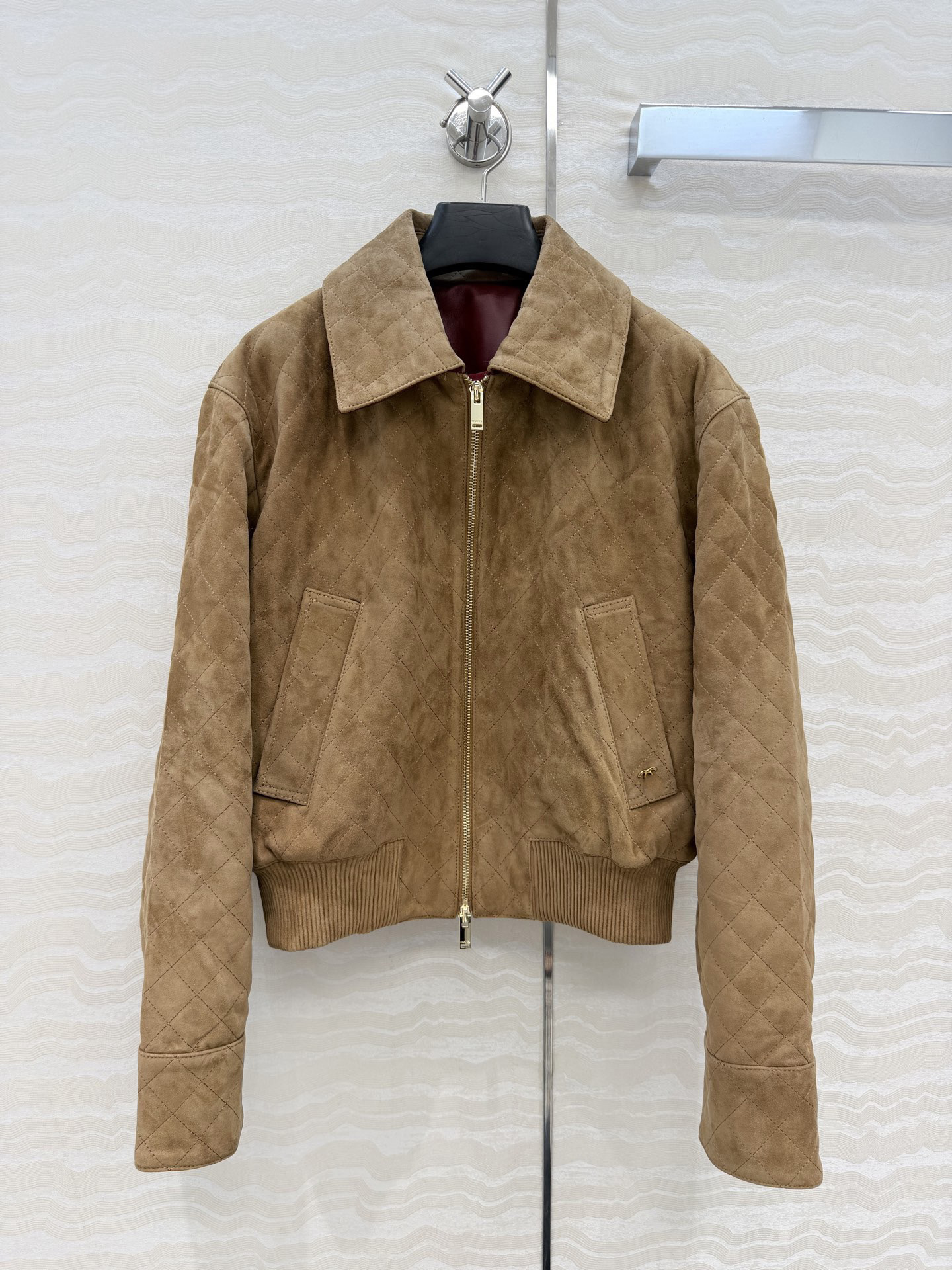 French Runway Brown Suede Leather Jacket Women Vintage Quilted Ribbed Hem Full Zip Topcoat (Size S M L XL)