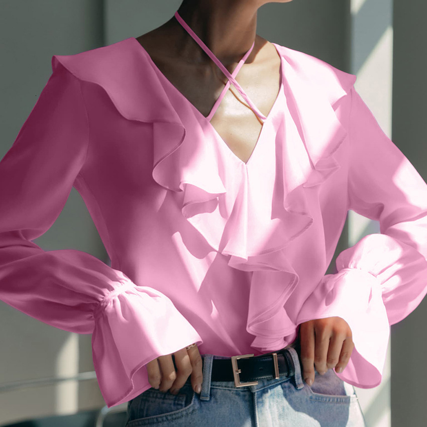 French-style new ruffled solid-color V-neck puff-sleeve blouse a versatile top with a unique design for the 2024 spring and autumn seasons210417