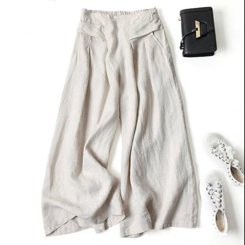 Jupe-pantalon à jambes larges en coton et lin pour femmes, taille haute, ample, Vintage, décontracté, avec poches