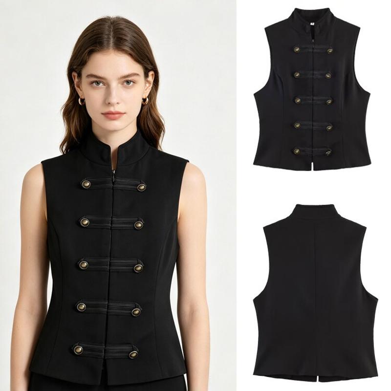 Women's Designer Vintage Stand Collar Sleeveless Vest, Slim-Fit Double-Breasted Metal Button Cropped Street-Style Layering Top