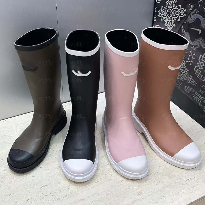Women Rain Boots Designer Style Knee Long Barrel Rain Boot Waterproof AntiSlip Thick Sole Boot Two Tone Round Head Decor Rubber Outdoor Fashion Tall