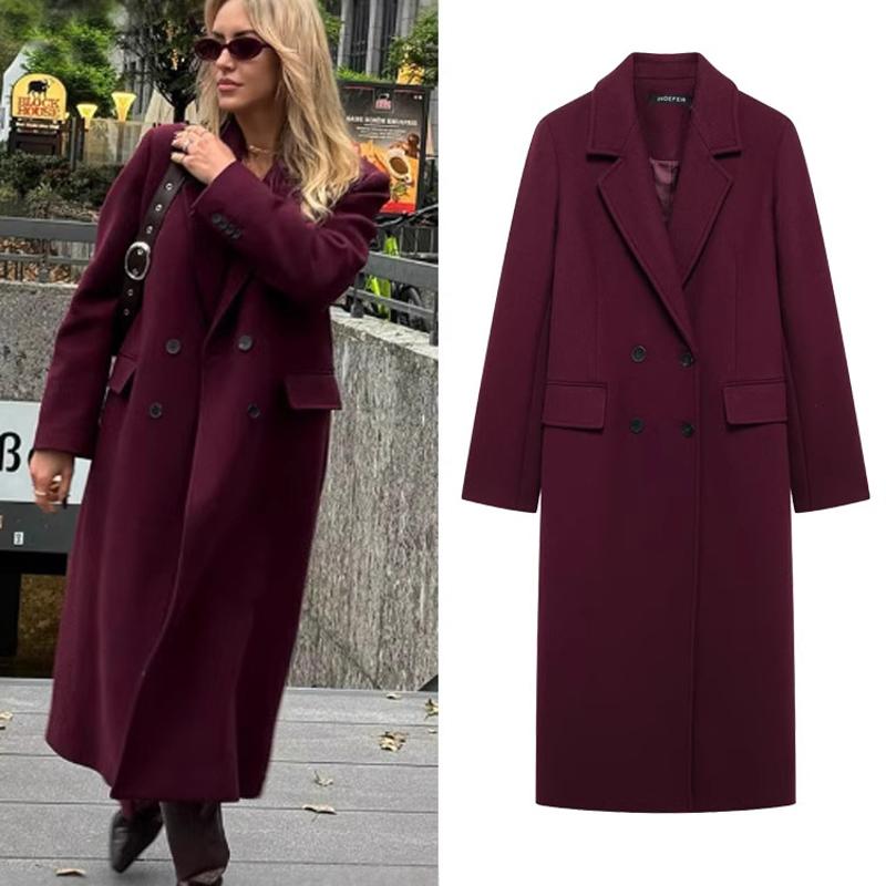 Designer Women's Solid Color Double-Breasted Lapel Long-Sleeve Loose-Fit Coat with Pockets, Autumn and Winter Casual Street-Style Outerwear