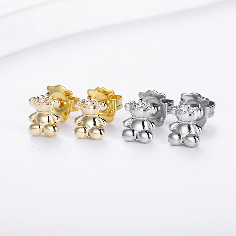New Arrival Fashion Women Girls Bear Silver Gold Stainless Steel Copper White Color Zircon Span Animal Hollow Oso Pulsera Stud Earrings Jewelry