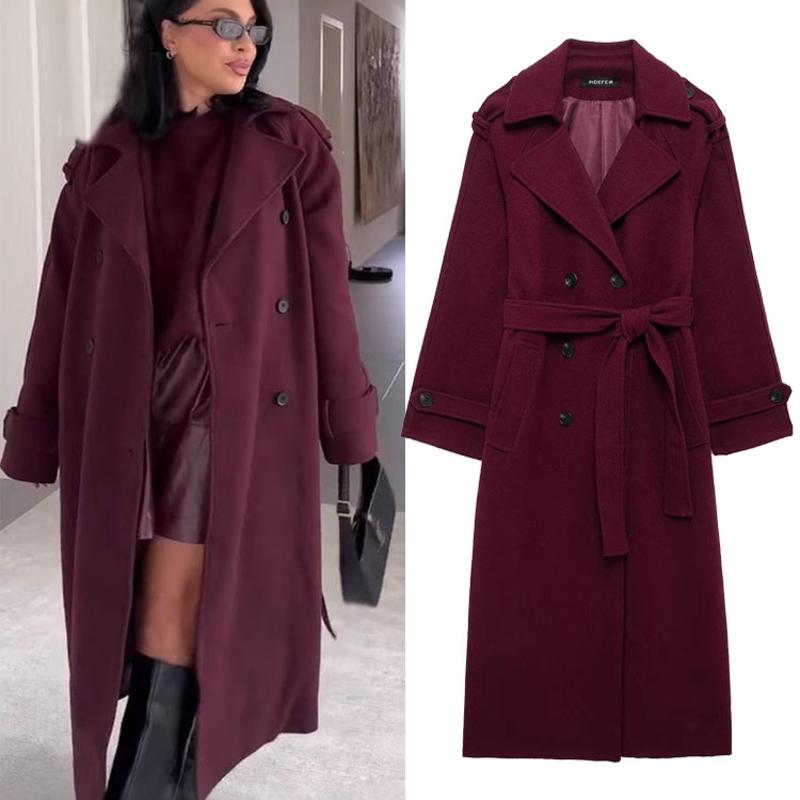 Manteau Maxi à Double boutonnage bordeaux pour femmes, vêtements d'extérieur Streetwear à manches longues et à revers, noué à la taille, pour l'a