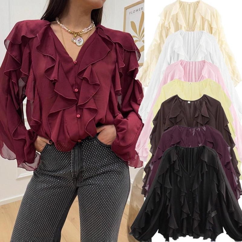 Camicia ampia da donna con scollo a V tinta unita, top pullover casual per la primavera e l'autunno, streetwear elegante da donna
