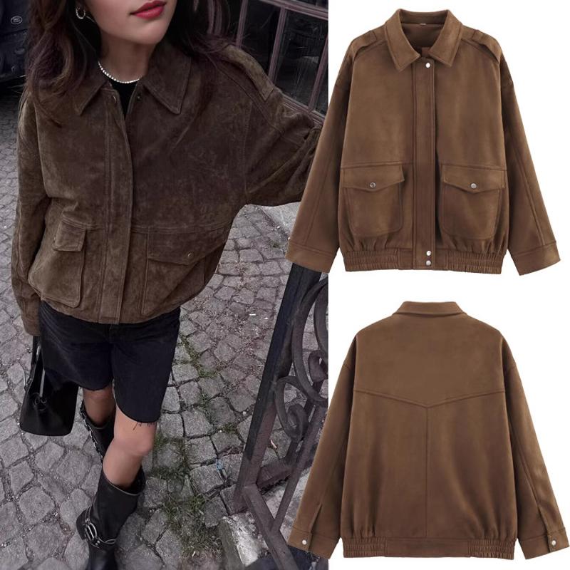 Veste zippée décontractée pour femmes, coupe ample, couleur unie, sensation de daim, manches longues, printemps automne, vêtements d'extérieur