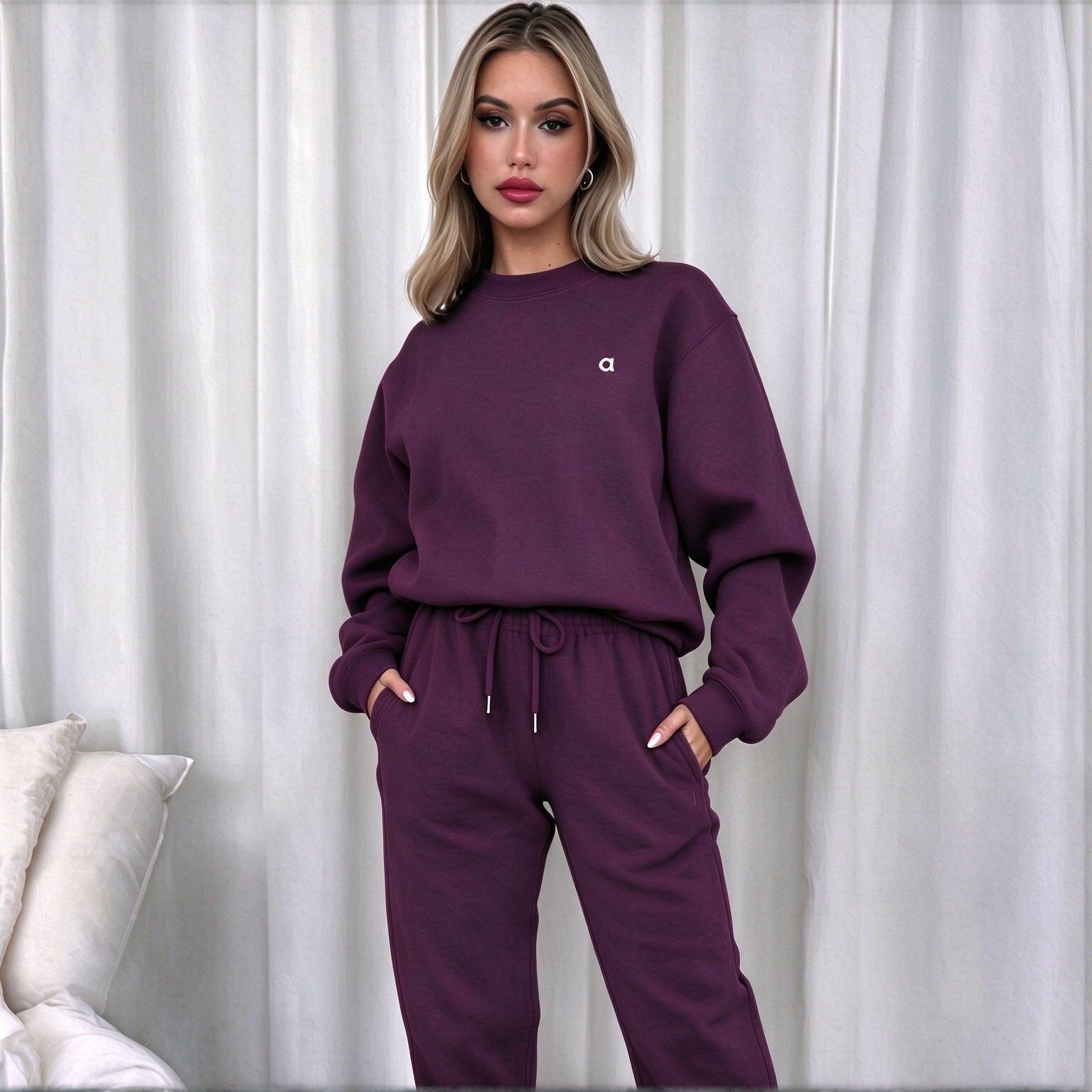 Completo sportivo donna unisex bordeaux felpa girocollo pantaloni e shorts per palestra