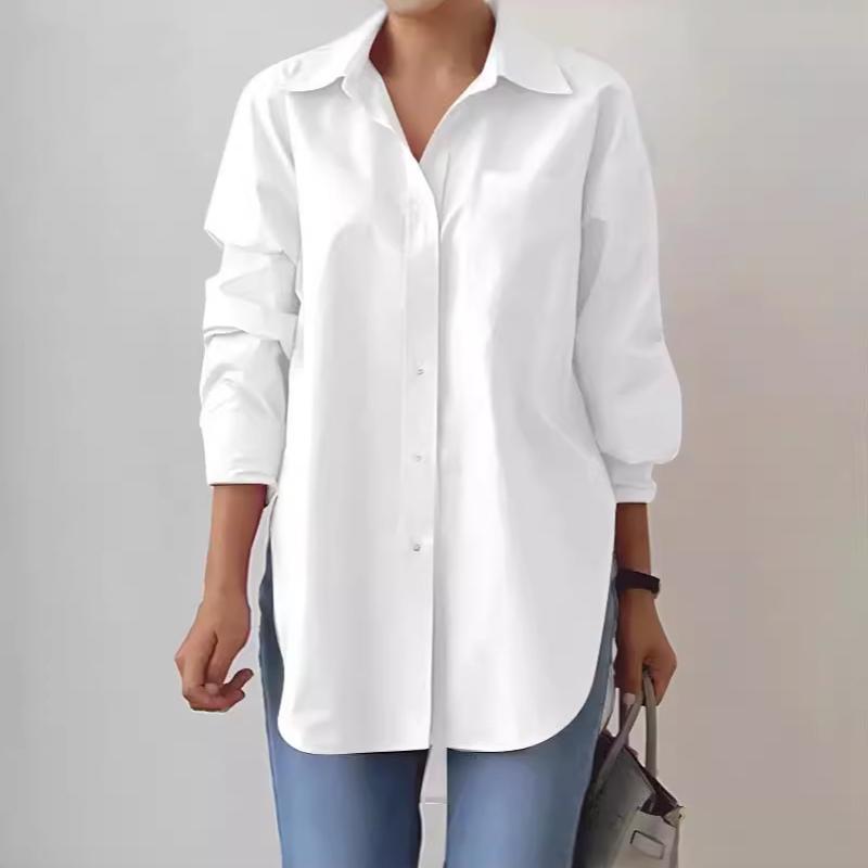 Chemise à manches longues et col élégant pour femmes, surdimensionnée, ourlet fendu, couleur unie, chemisier de travail OL, printemps-automne, 20