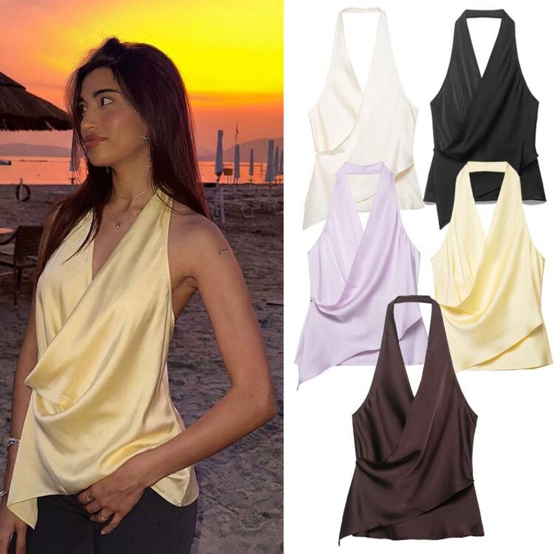 Women's Designer Satin Halter V-Neck Asymmetrical Tank Top, Loose Solid Sleeveless Summer Blouse, Trendy Casual Style