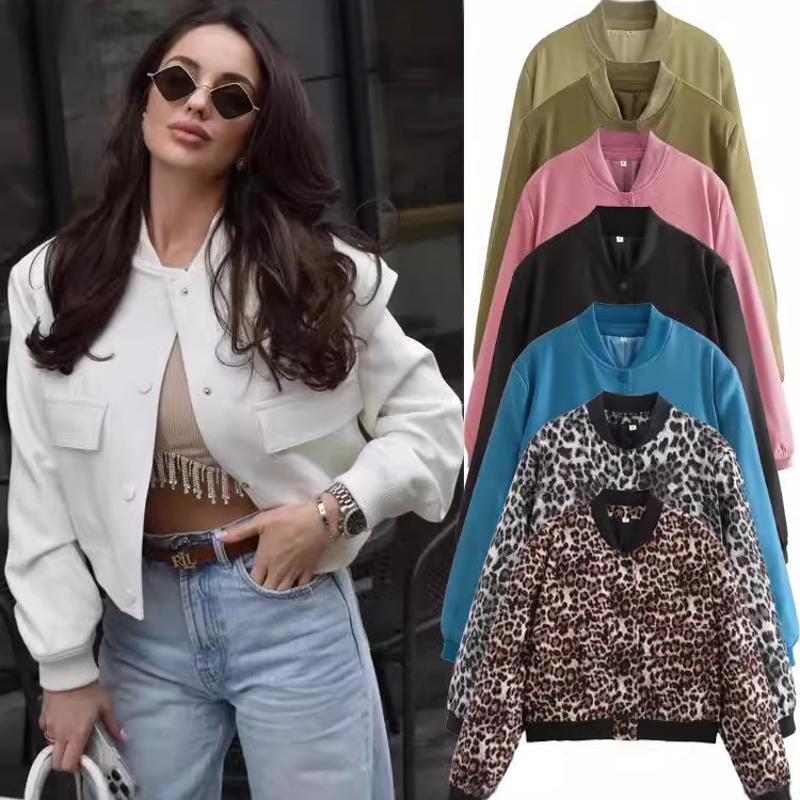 Women's Designer Solid Color Stand Collar Jacket, Loose Fit, Long Sleeve With Pockets, Street Style Casual Outerwear for Spring and Autumn