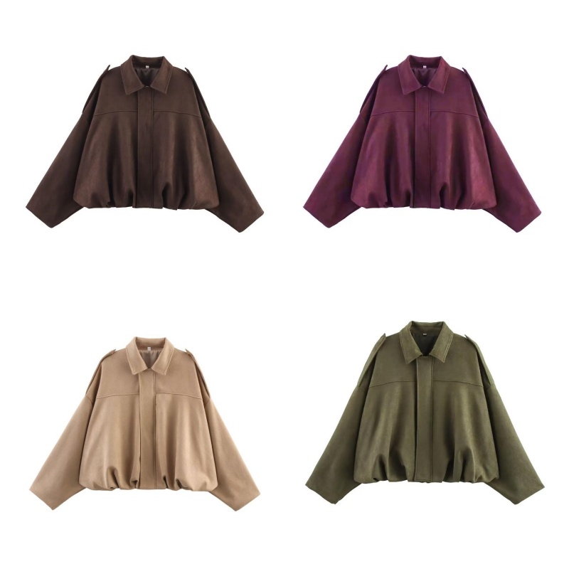 Retro Faux Suede Utility Jacket For Women Turn Down Collar Shoulder Tab Details Concealed Zip Closure Ruched Hem Oversized Long Sleeve Outer Coat