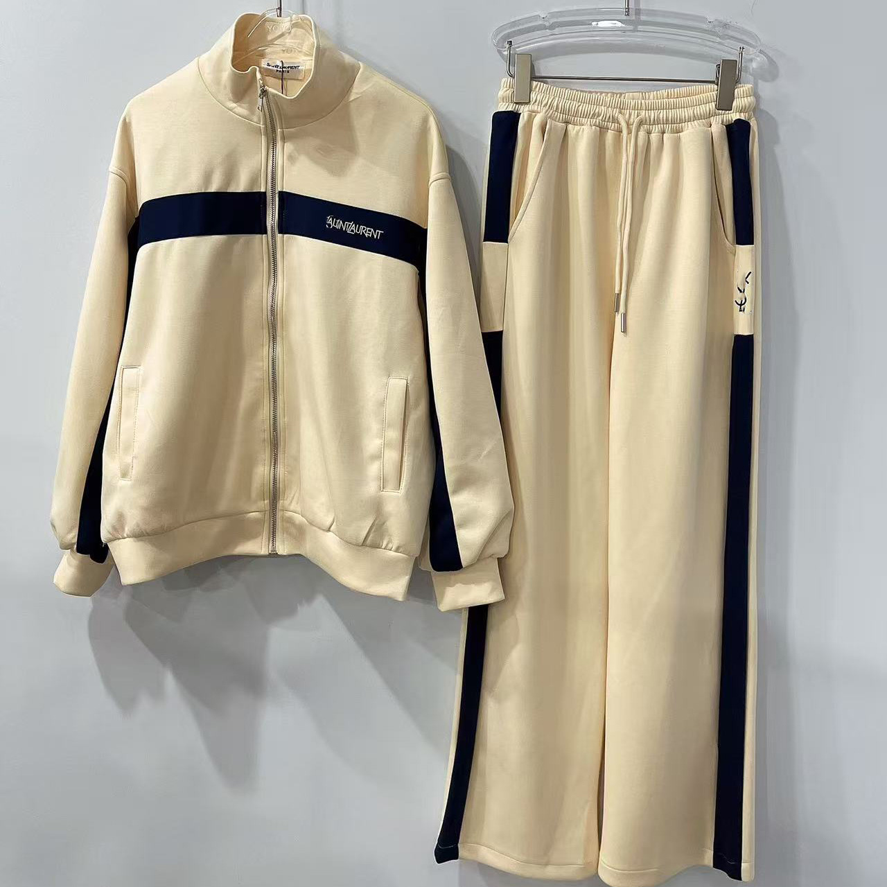 Luxury Cream Tracksuit Two Piece Set for Women Contrast Navy Stripe Zip Jacket Wide Leg Sweatpants (Size S M L XL)