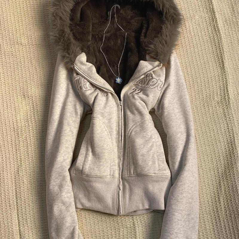 Designer High Quality Autumn Winter Grey Fleece Embroidered Letter Hooded Sweatshirt Jacket Slim Fit Zip Up Cardigan Coat Hoodie