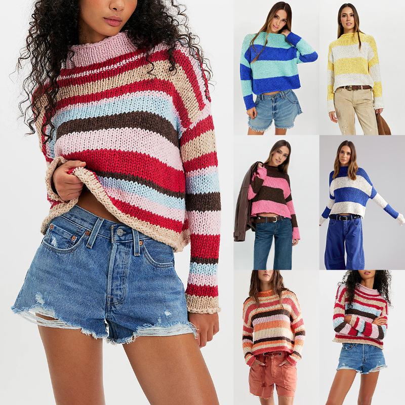 Designer de haute qualité femmes couleur bloc rayé pull en tricot à manches longues pull en vrac col rond Streetwear haut automne hiver