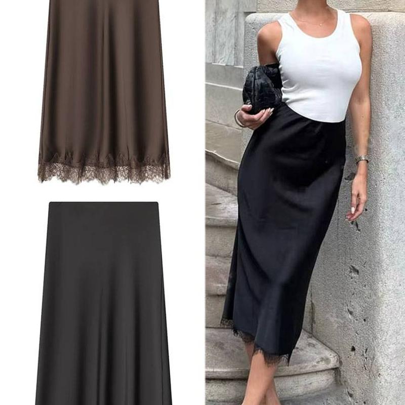 Jupe mi-longue en Satin pour femmes, garniture en dentelle, couleur unie, Streetwear décontracté, tenue automne-hiver, marron, noir, XS S M L