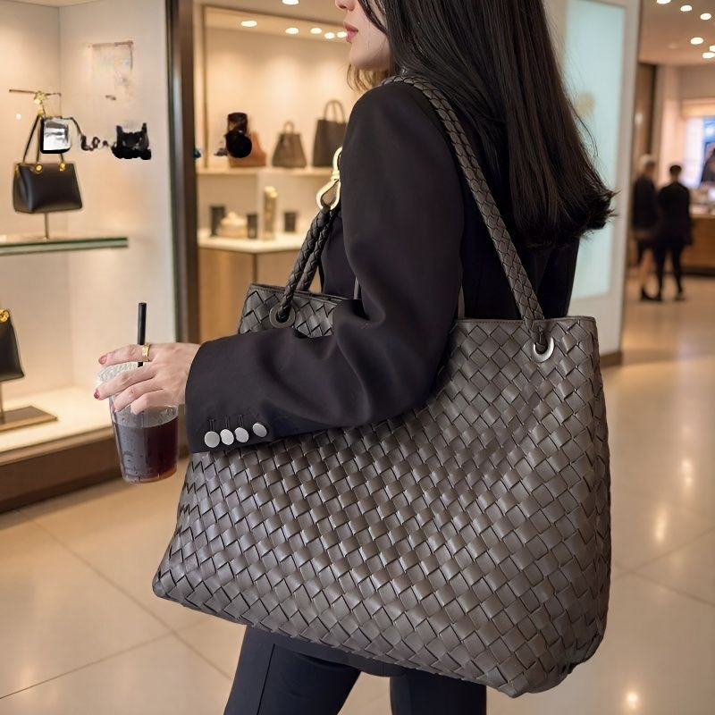 Women Intrecciato Woven Tote Bag Metal Knot Decor Top Handle Handbag Detachable Braided Strap Large Capacity Commuter Shoulder Bag 372