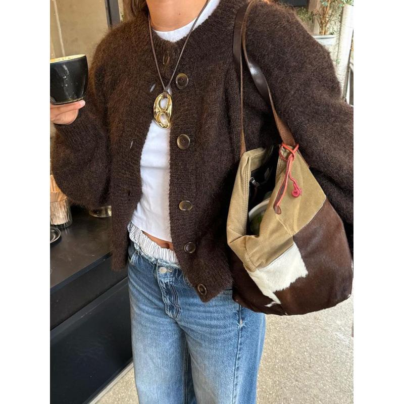 Designer Haute Qualité Femmes Casual Bouton Avant À Manches Longues Cardigan Pull Solide Brun Ouvert Avant Vintage Élégant Automne 2025 S-XL