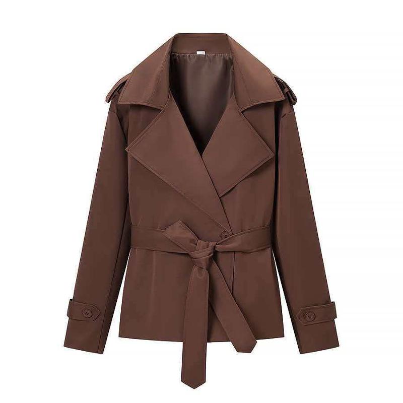 Trench court à double boutonnage pour femme, col cranté, ceinture en tissu réglable, bandoulière, sangle d'épaule, fermeture par patte de manchet