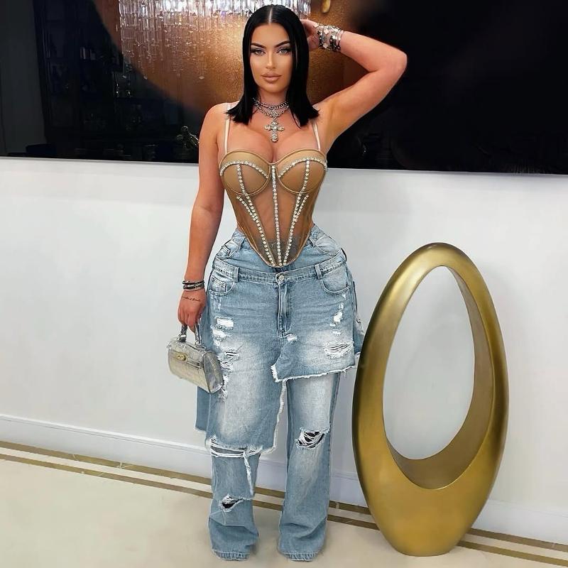 Jean à jambes droites de styliste pour femmes, pantalon en Denim déchiré et épissé en détresse, Streetwear, automne et hiver