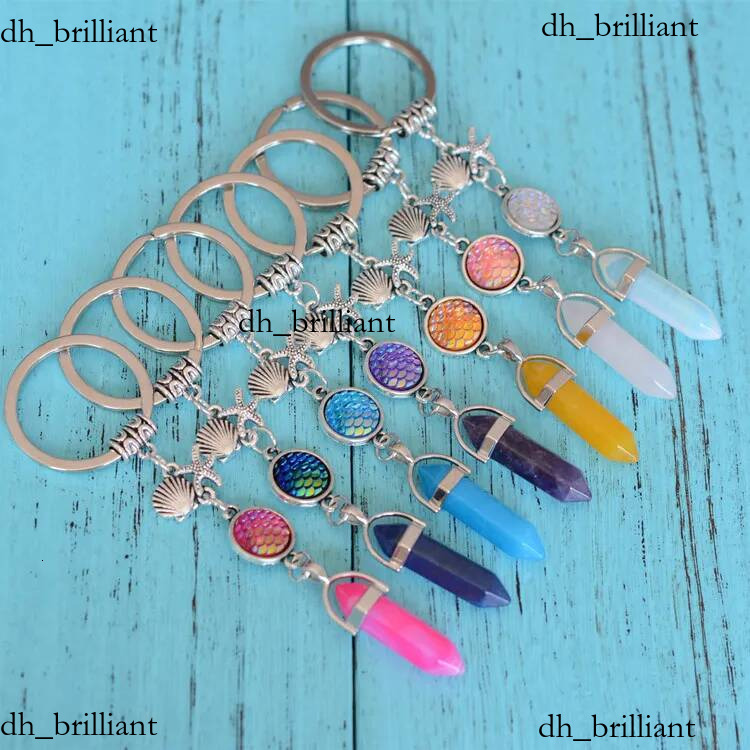 Quartz cristal anneaux pendule porte-clés sirène écailles de poisson pierre naturelle prisme Hexagonal Chakra mode porte-clés bijoux cadeaux port